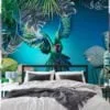 Large Parrot and Monstera Leaves With Blue Background Wallpaper, Vibrant & Tropical Peel & Stick Wall Mural