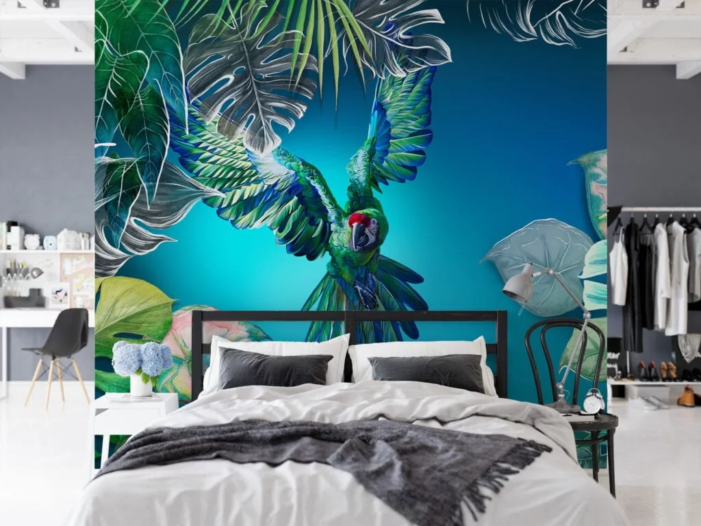 Large Parrot and Monstera Leaves With Blue Background Wallpaper, Vibrant & Tropical Peel & Stick Wall Mural