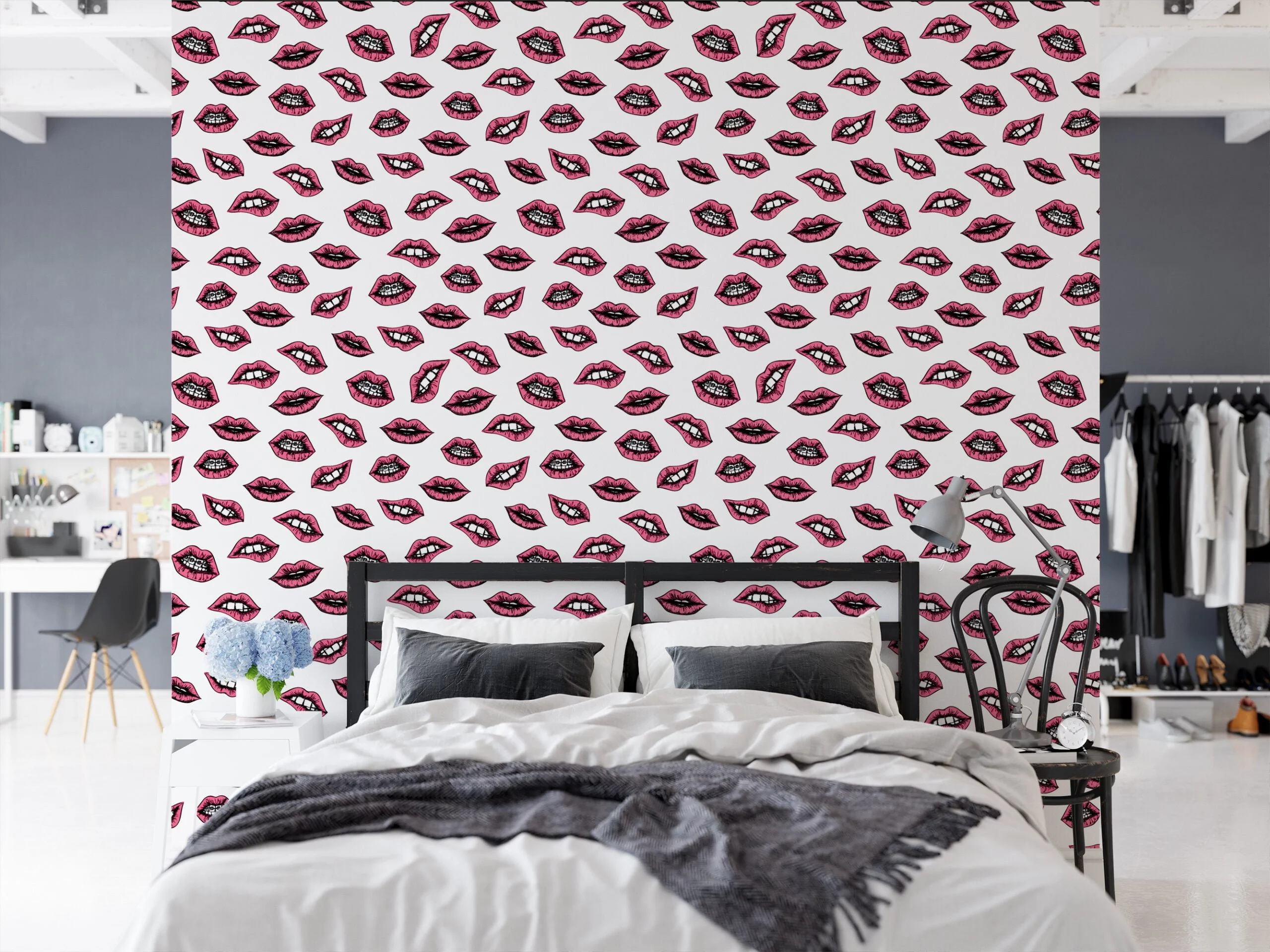 Retro Cartoon Mouths Illustration Wallpaper, Pink Lips Pattern Wallpaper, Line Art Kisses Peel and Stick Wall Mural