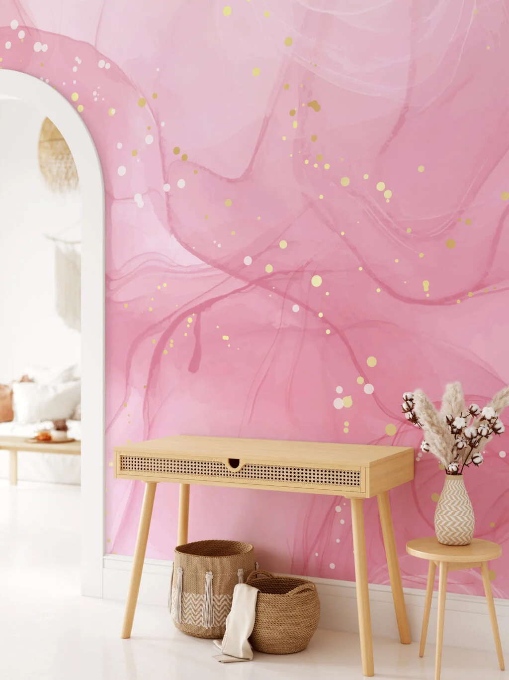 Pink Marble Illustration Wallpaper, Elegant Pink And Gold Specks Peel & Stick Wall Mural