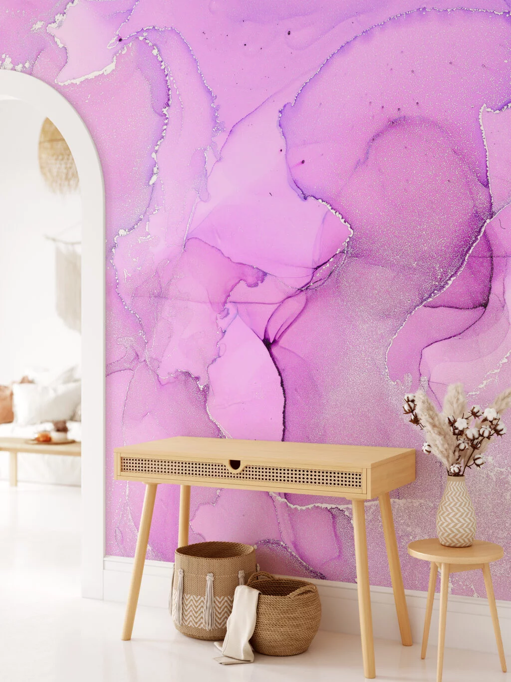 Pink Purple Alcohol Ink Art Marble Wallpaper, Lush Pink Peel & Stick Wall Mural