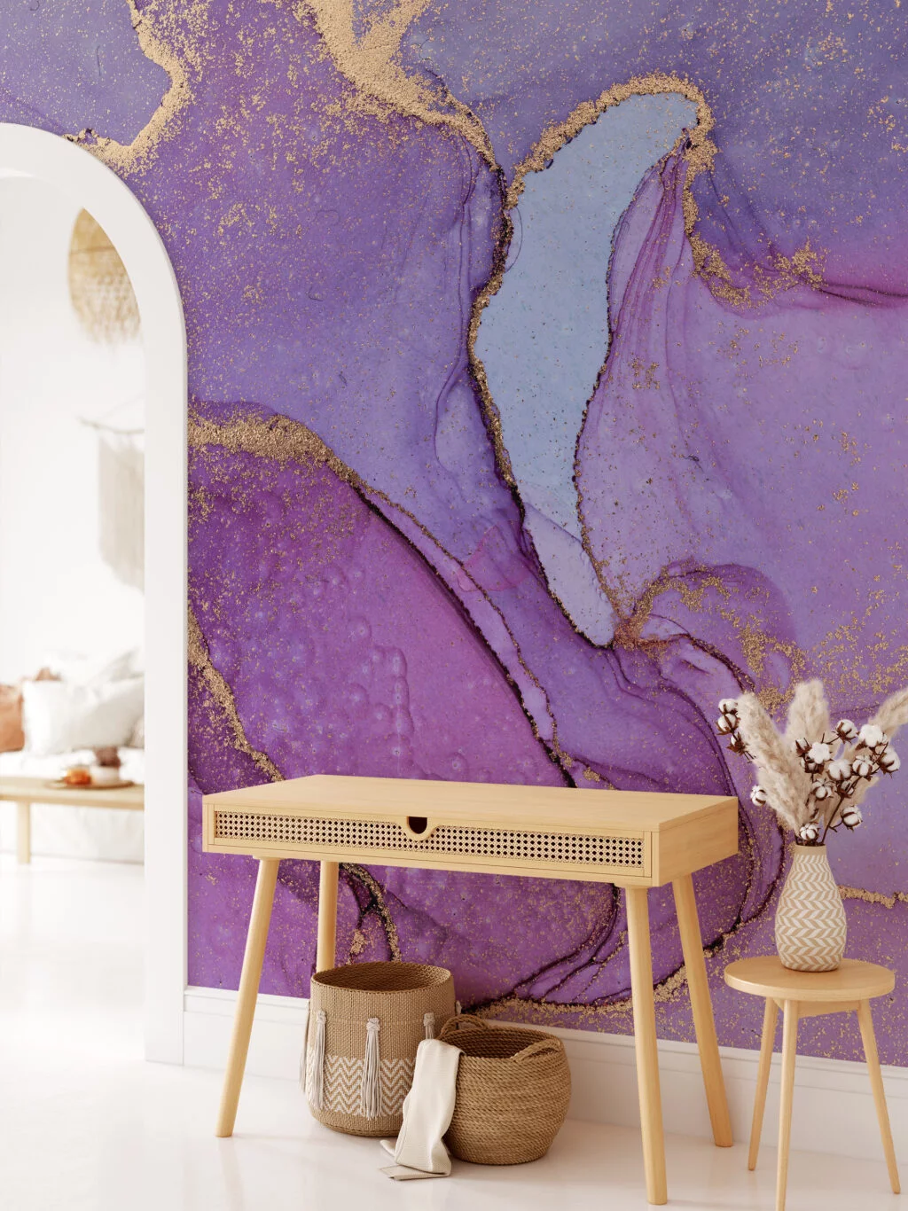 Pink Purple Gold Alcohol Ink Art Marble Wallpaper, Gilded Lavender Marble Peel & Stick Wall Mural