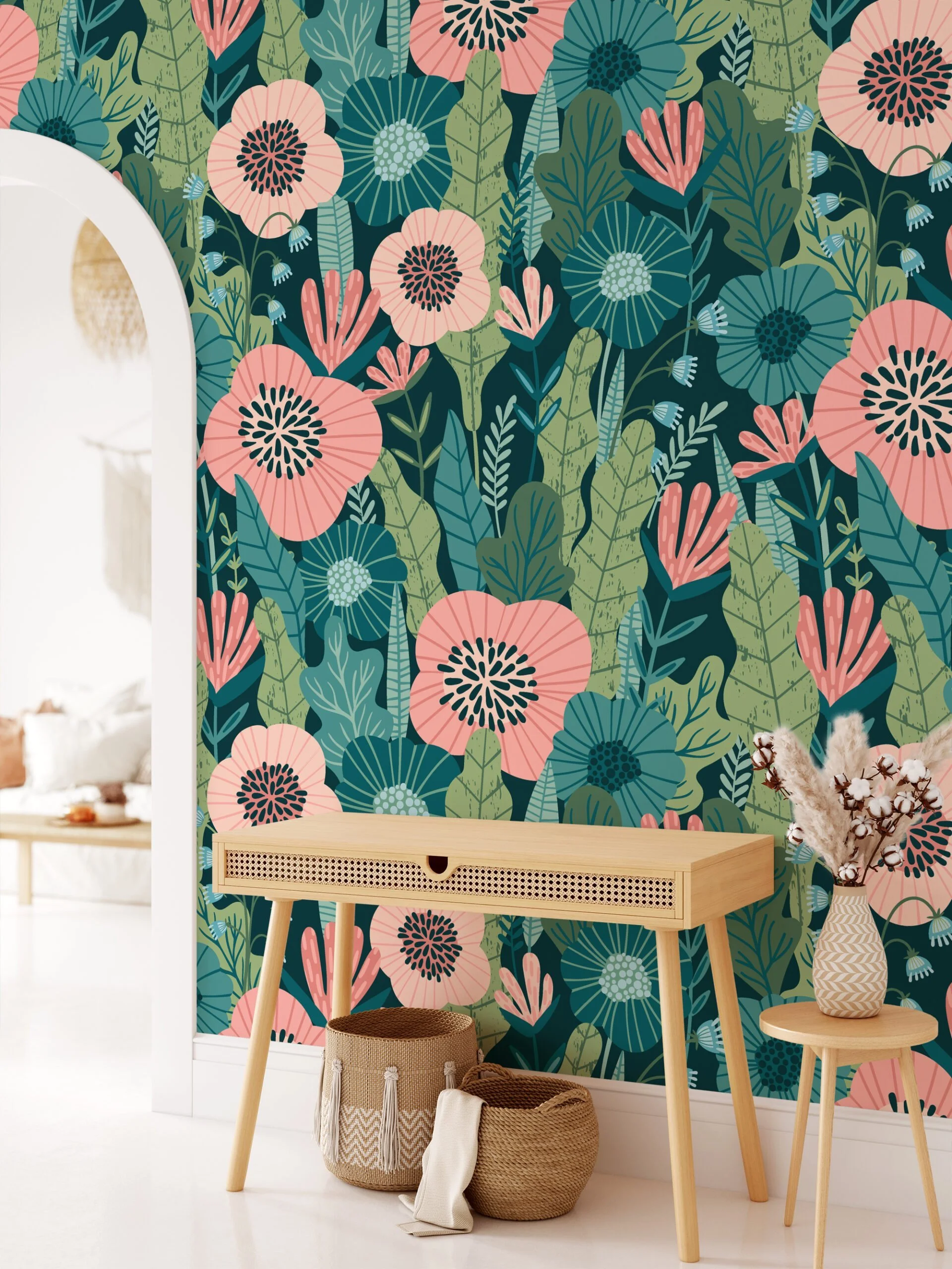 Flat Art Green Leaves With Peach Flowers Wallpaper, Tropical Bloom Greenery Peel & Stick Wall Mural