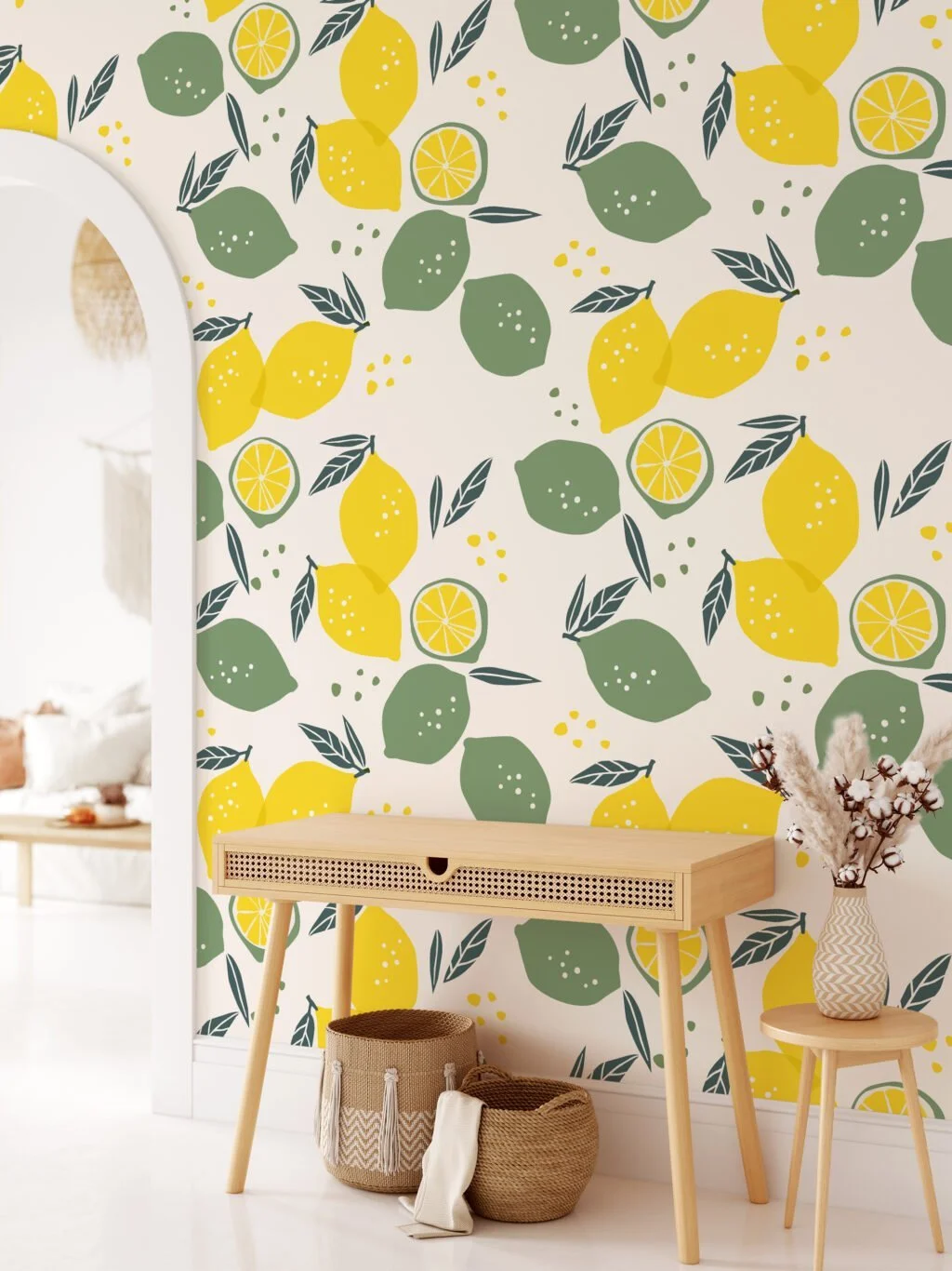 Lemon And Leaves Illustration Wallpaper, Zesty Lemon Grove Peel & Stick Wall Mural