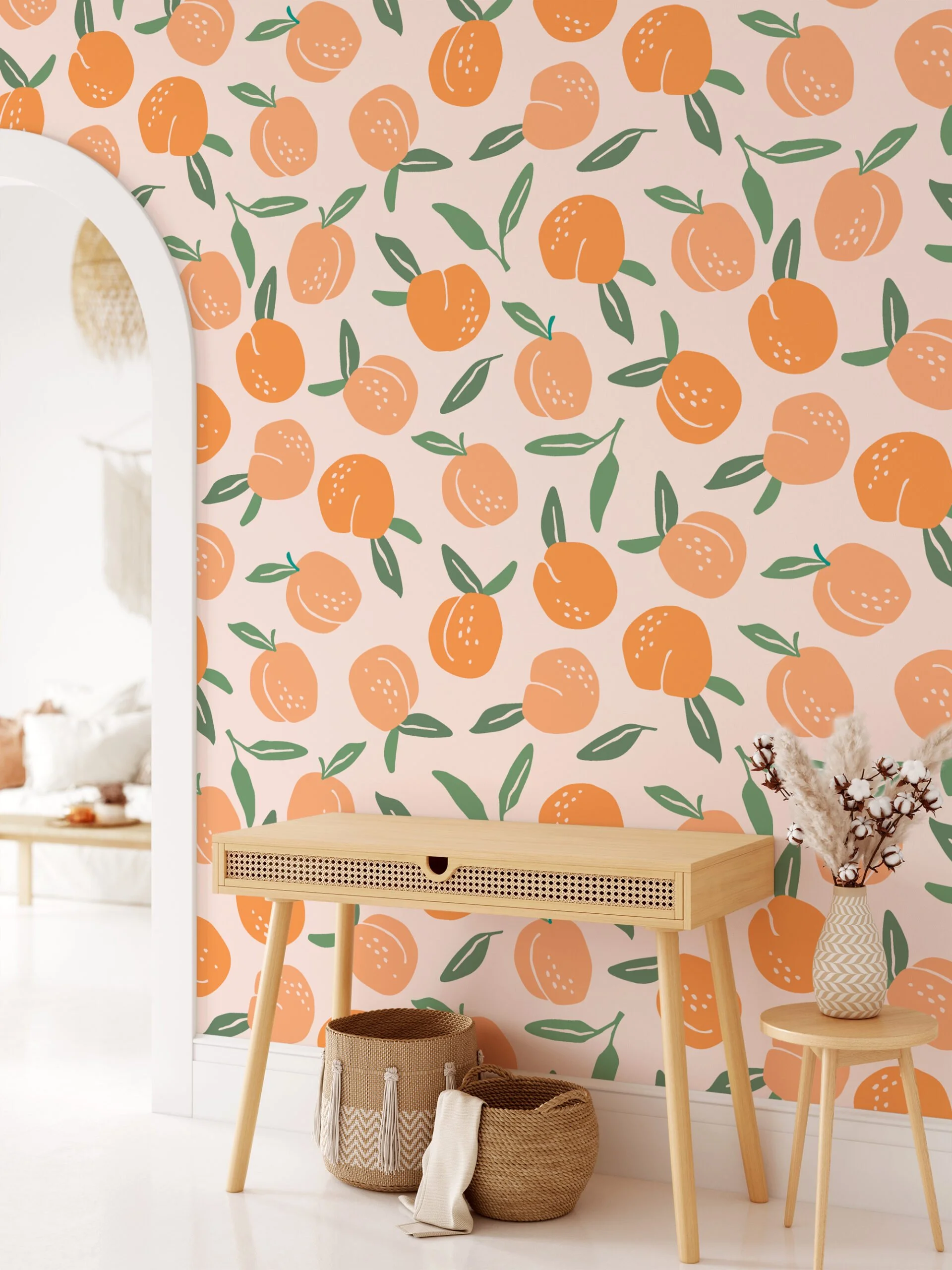 Flat Art Peaches Design Wallpaper, Peaches On Pastel Canvas Peel & Stick Wall Mural
