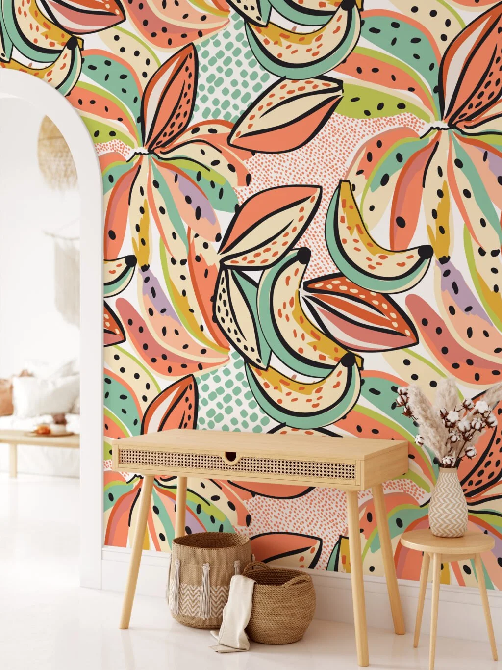 Colorful Abstract Banana Illustration Wallpaper, Playful Tropical Decor Peel & Stick Wall Mural