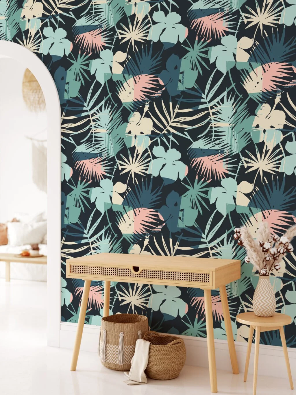 Abstract Retro Colored Tropical Illustration Wallpaper, Navy Night Botanical Peel & Stick Wall Mural