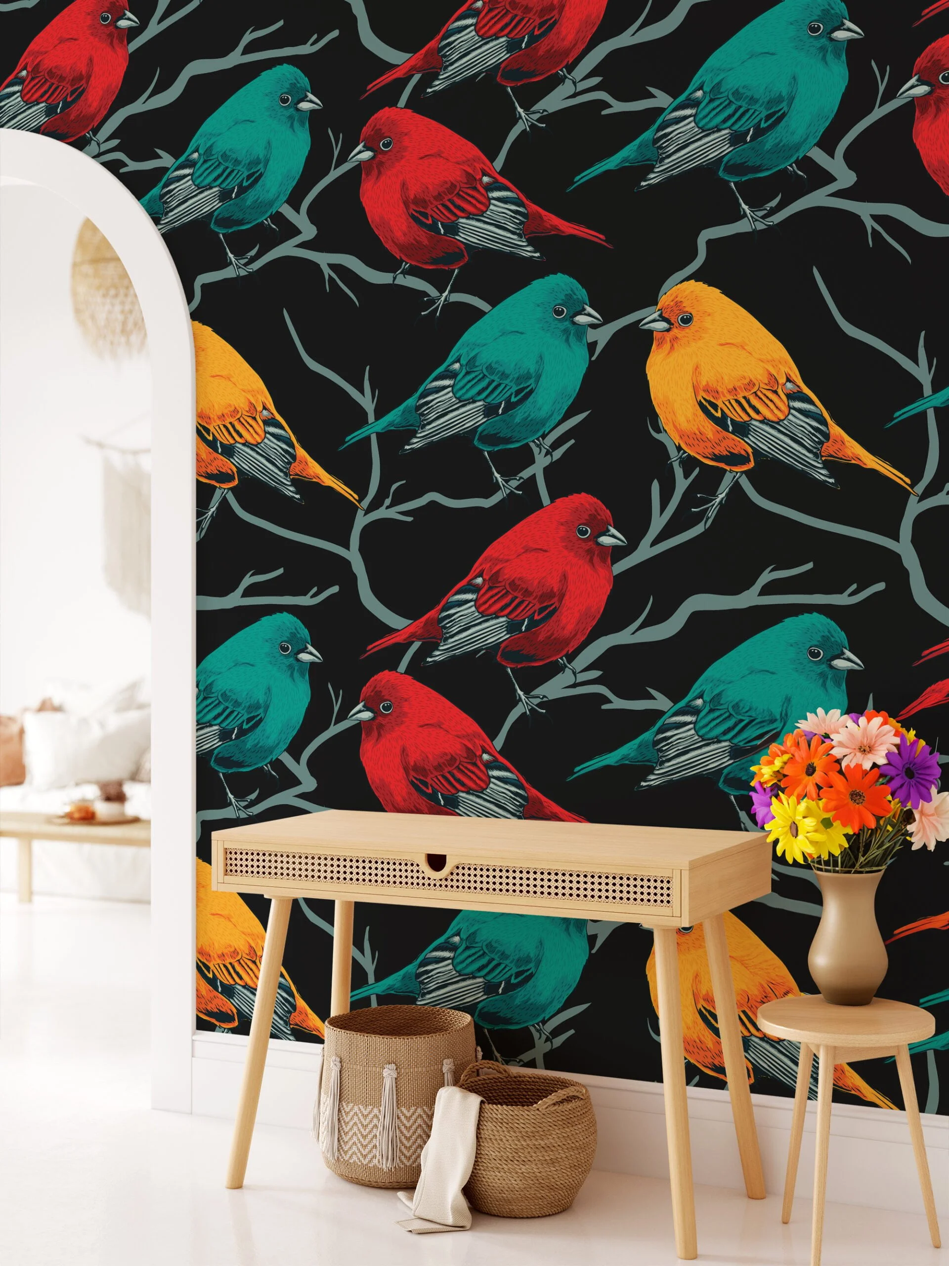 Retro Birds Pattern Wallpaper, Songbirds On Black Background Peel & Stick Wall Mural
