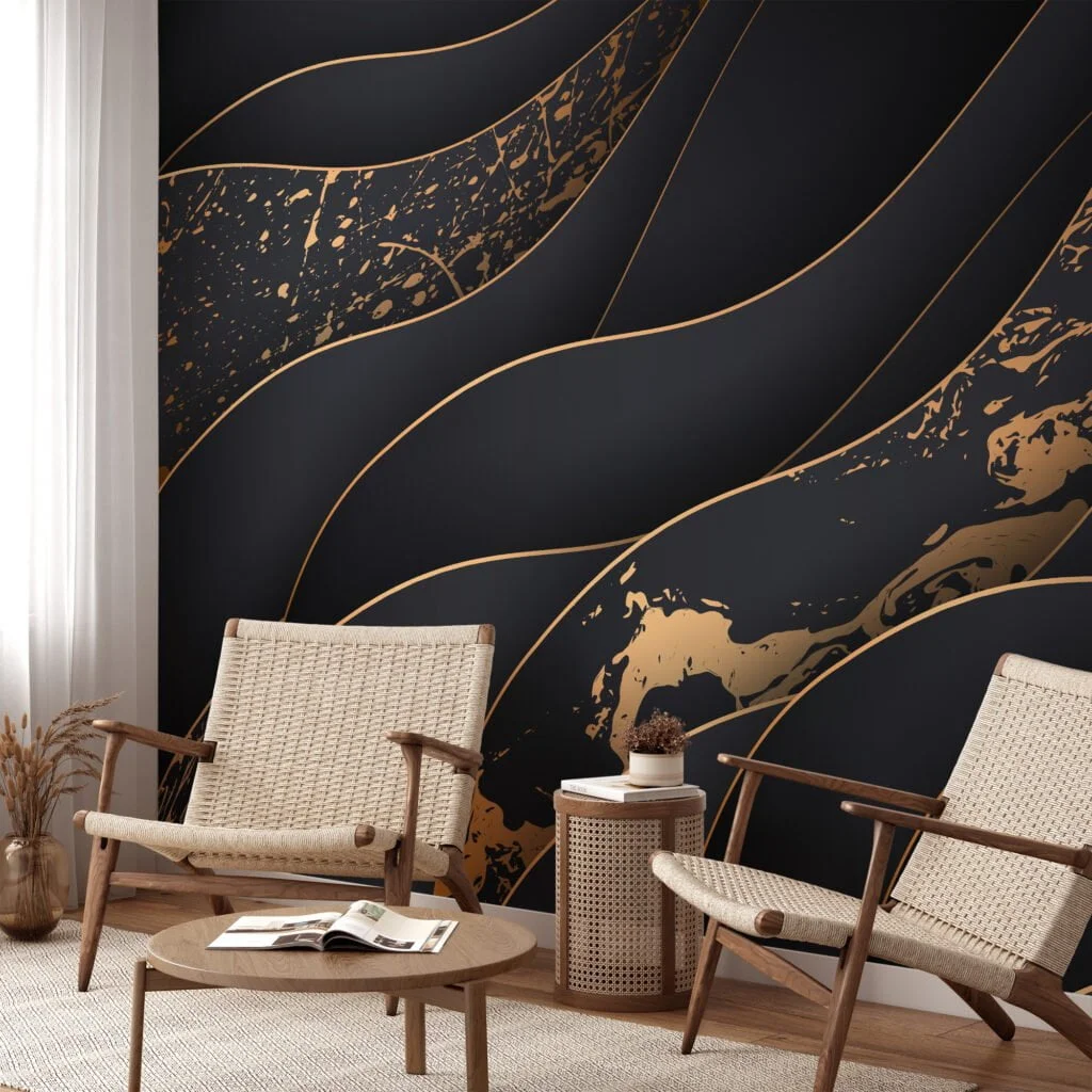 Abstract Three Dimensional Paper Effect Dark Wallpaper, Opulent Wavy Design Peel & Stick Wall Mural