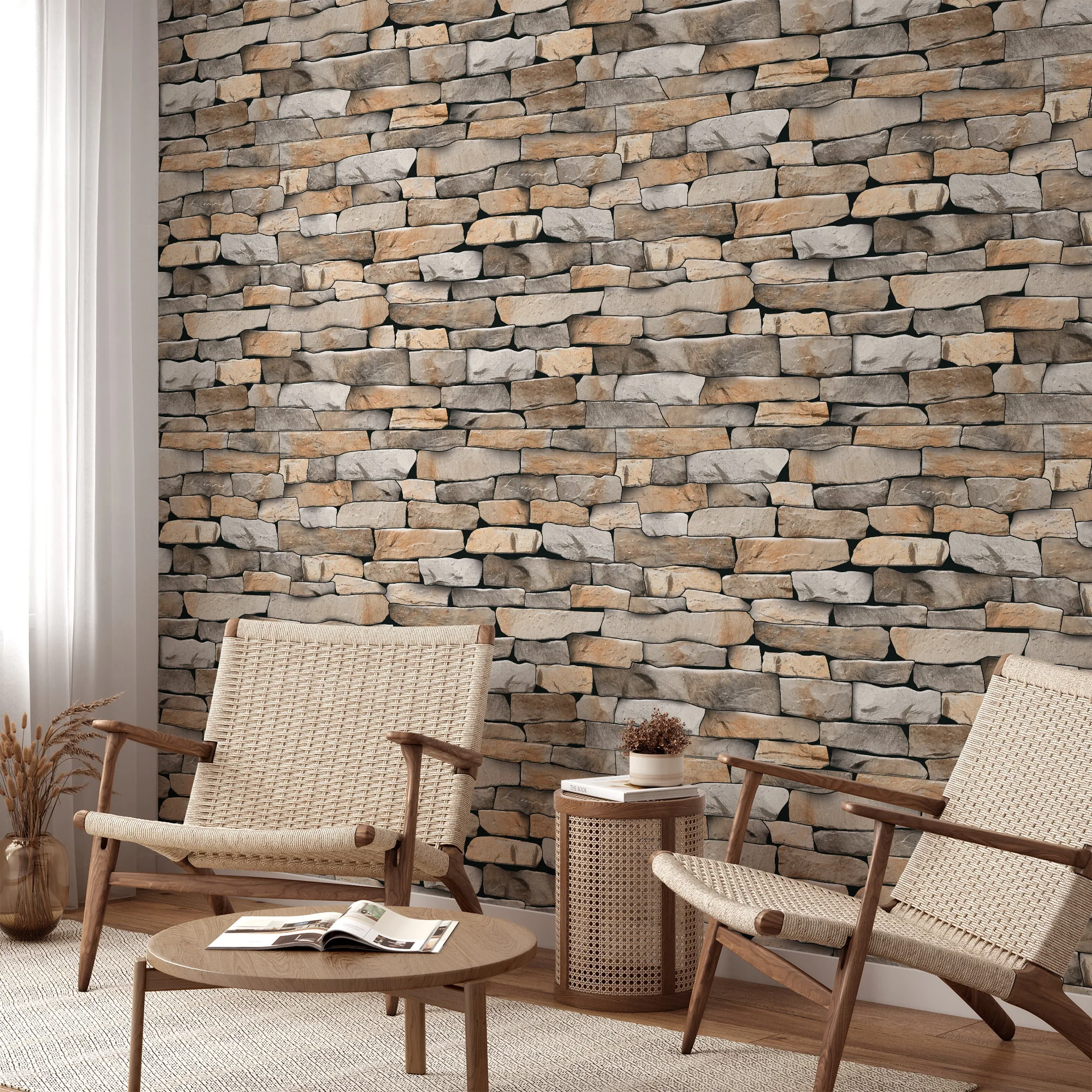 Rustic Style Stone Brick Wall Wallpaper, Natural Stacked Stone Peel & Stick Wall Mural