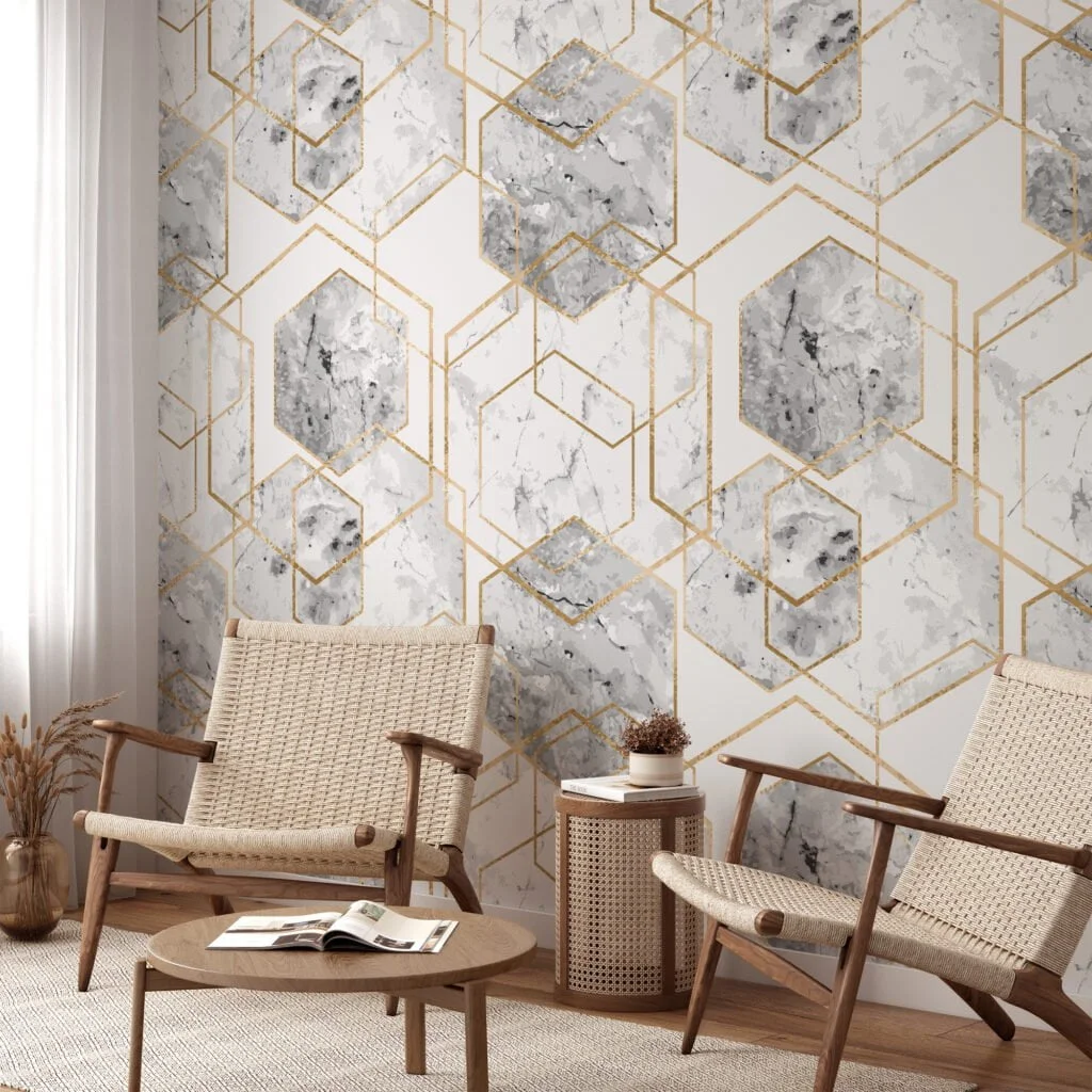 Geometric Wallpaper With Grey Watercolor Style Hexagons, Luxurious Gold Marble Peel & Stick Wall Mural