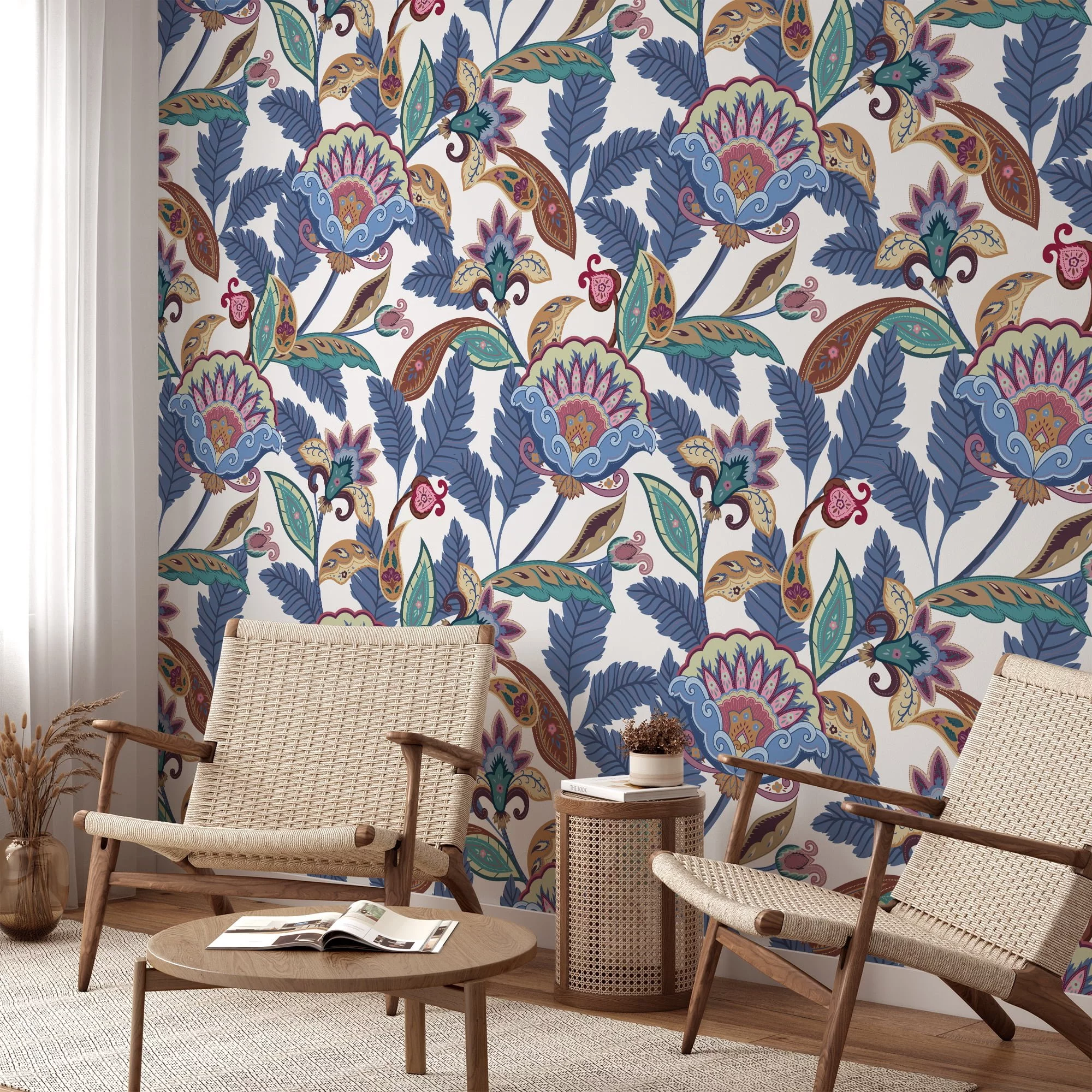 Paisley Style Wallpaper With Navy Blue Leaves, Art Deco Floral Peel & Stick Wall Mural