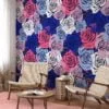 Colorful Abstract Roses Pattern Wallpaper, Bold Blue & Pink Floral Design Peel & Stick Wall Mural