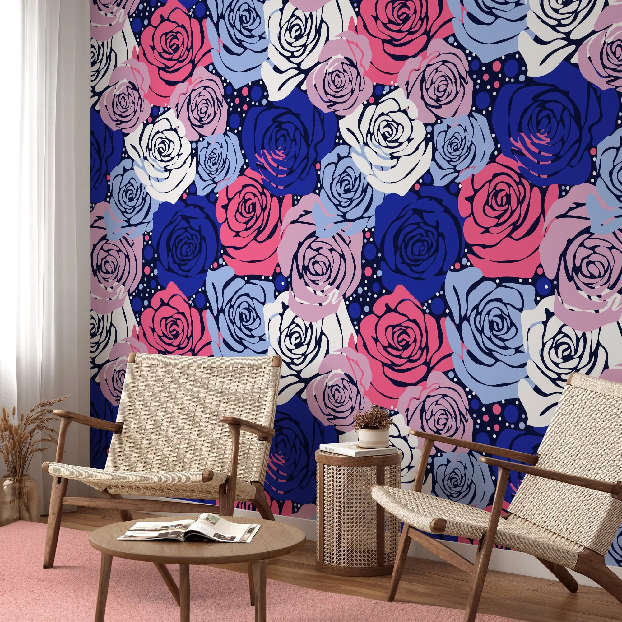 Colorful Abstract Roses Pattern Wallpaper, Bold Blue & Pink Floral Design Peel & Stick Wall Mural