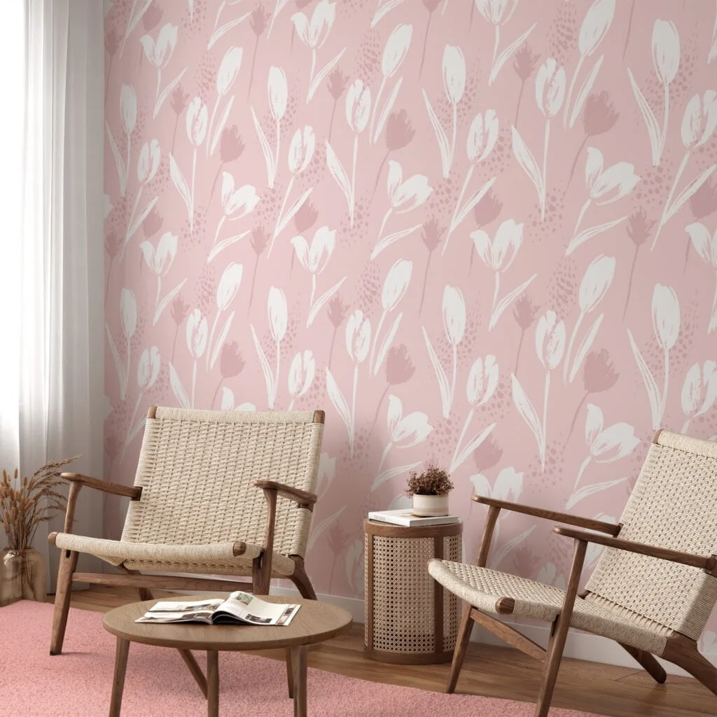 Pastel Tulips Illustration Wallpaper, Delicate Floral Elegant Peel & Stick Wall Mural