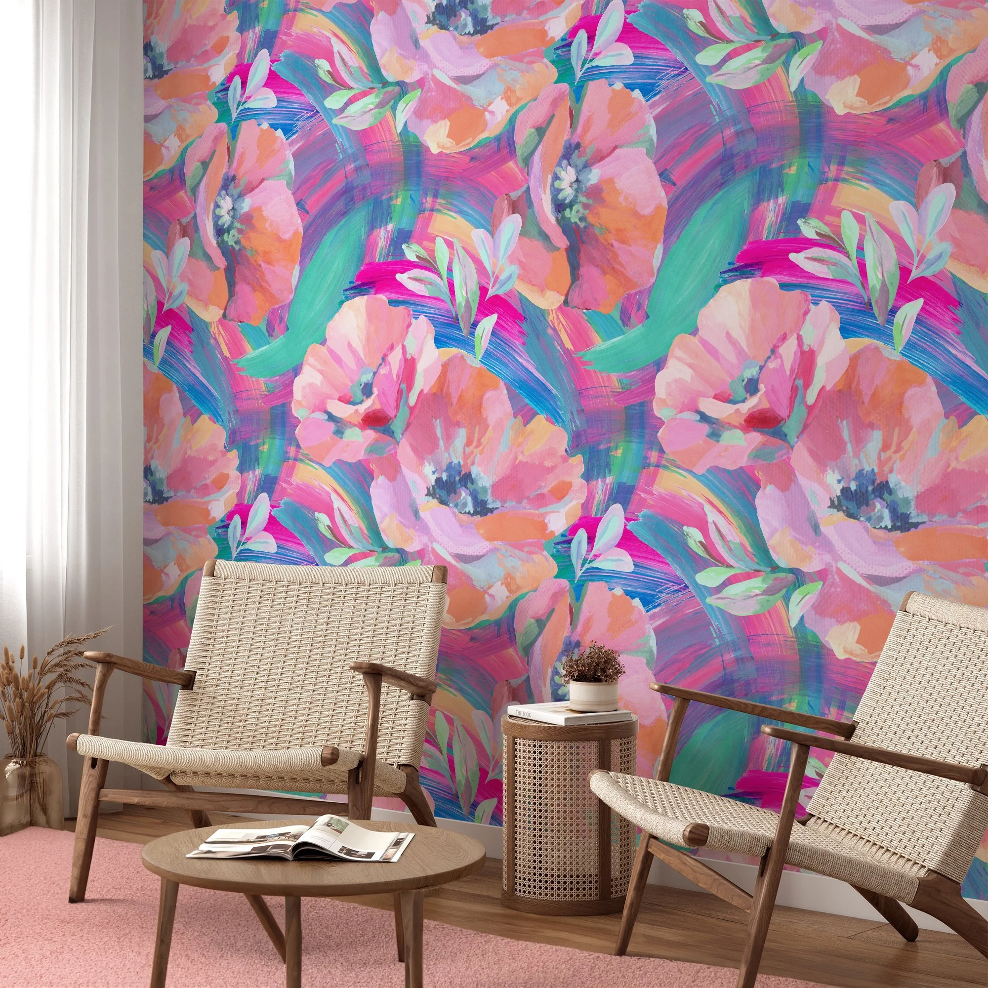 Large Floral Abstract Painted Effect Illustration Wallpaper, Vivid Watercolor Blossoms Peel & Stick Wall Mural