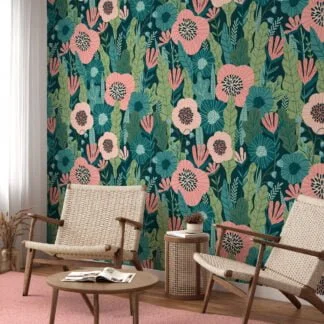 Flat Art Abstract Green Leaves With Flowers Wallpaper, Tropical Pink Blooms On Green Peel & Stick Wall Mural