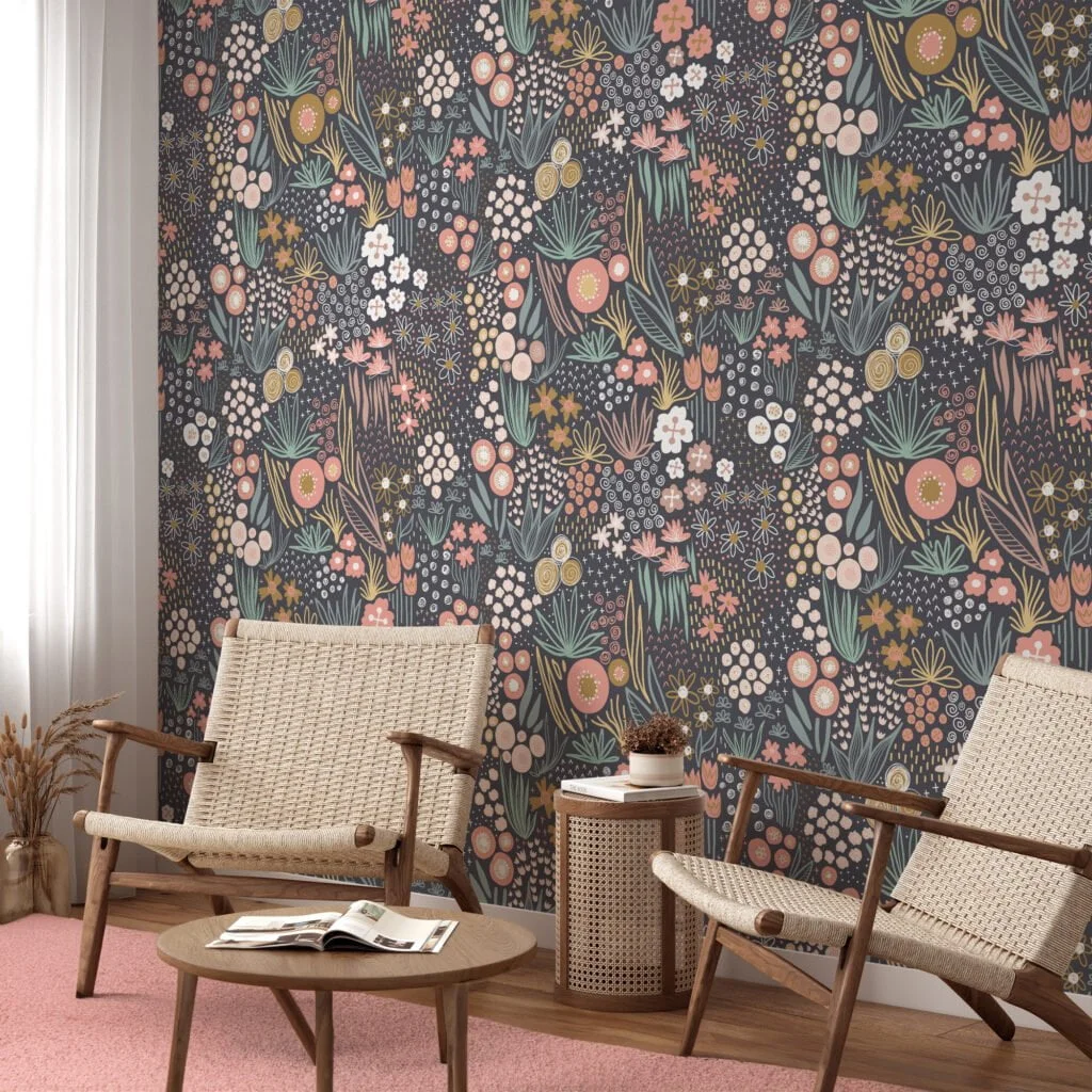 Flat Art Floral Design With A Brown Background Wallpaper, Enchanted Forest Florals Peel & Stick Wall Mural