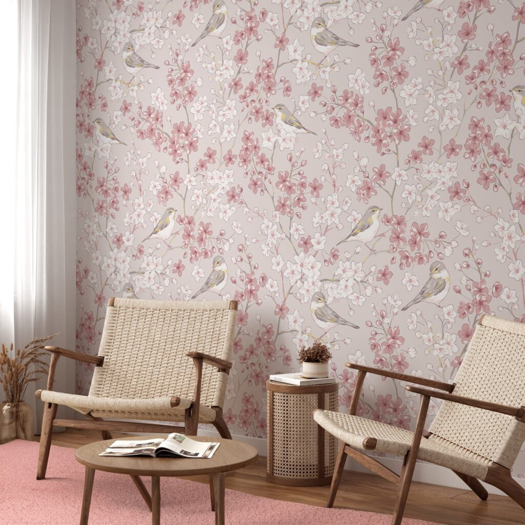 Pastel Pink Flower Design With Birds Illustration Wallpaper, Cherry Blossoms & Songbirds Peel & Stick Wall Mural