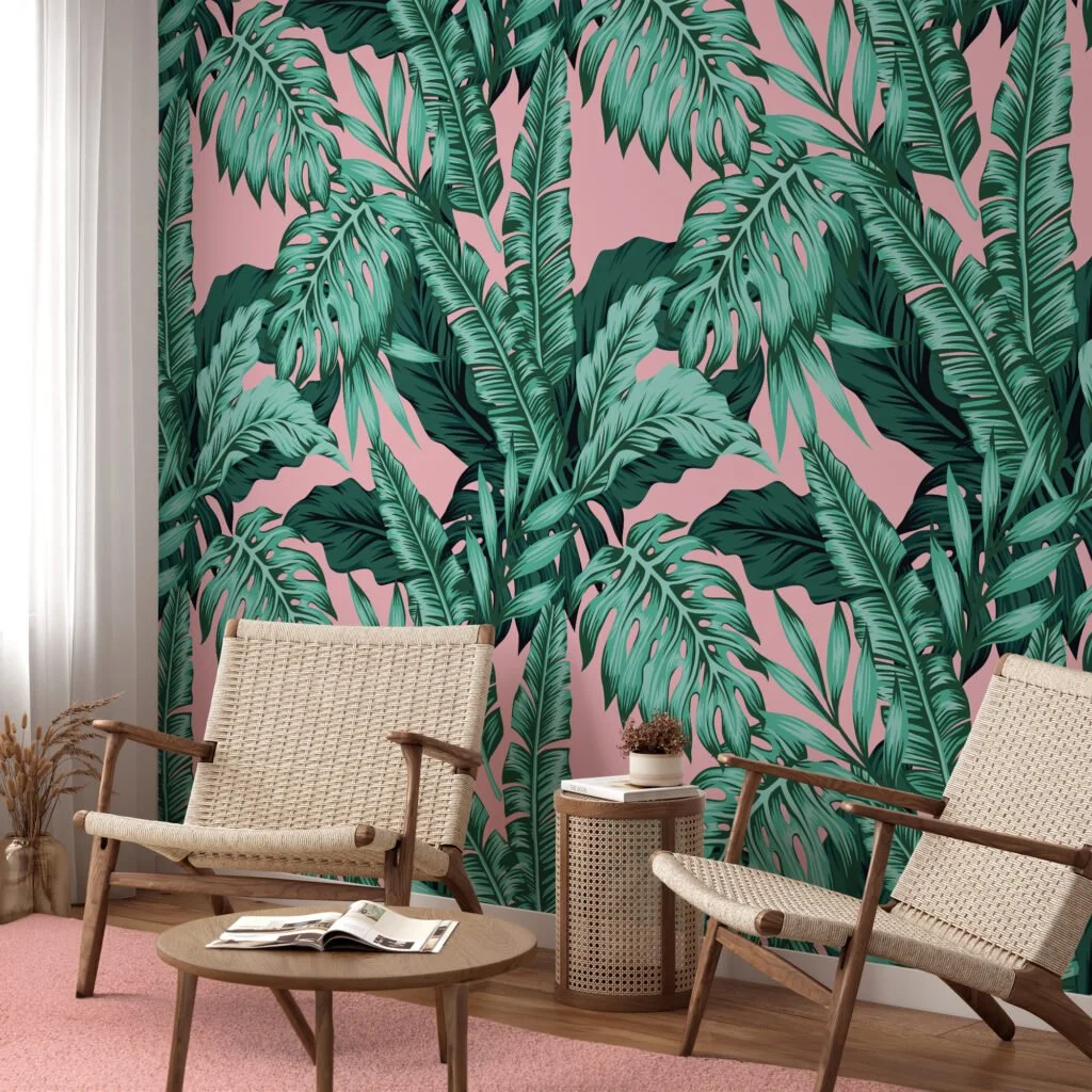 Tropical Leaves With A Pink Background Illustration Wallpaper, Tropical Paradise Peel & Stick Wall Mural