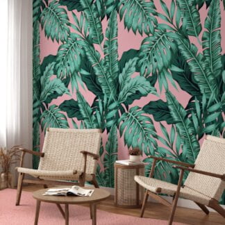 Tropical Leaves With A Pink Background Illustration Wallpaper, Tropical Paradise Peel & Stick Wall Mural