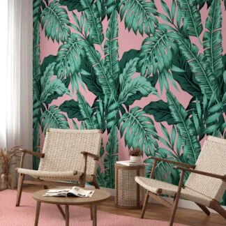 Tropical Leaves With A Pink Background Illustration Wallpaper, Tropical Paradise Peel & Stick Wall Mural