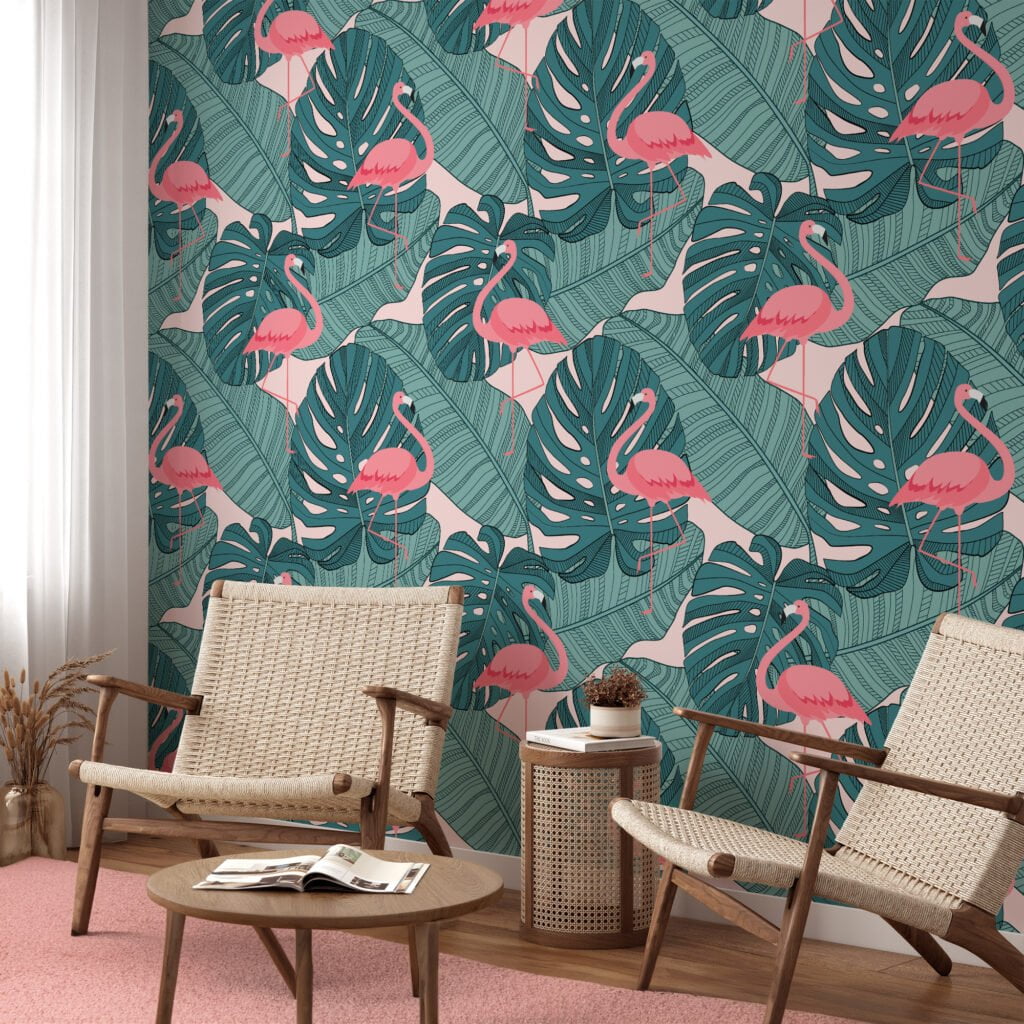 Large Monstera Leaves Line Art With Pink Flamingos Illustration Wallpaper, Chic Flamingo Peel & Stick Wall Mural