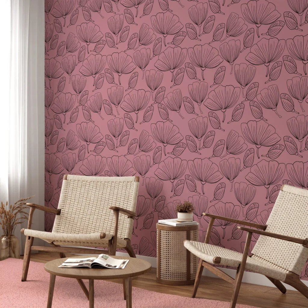 Floral Line Art With A Pink Background Illustration Wallpaper, Elegant Floral Design Peel & Stick Wall Mural