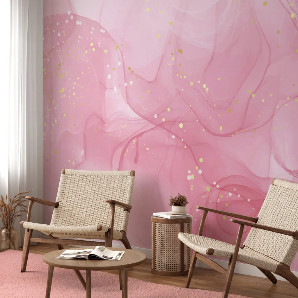 Pink Marble Illustration Wallpaper, Elegant Pink And Gold Specks Peel & Stick Wall Mural