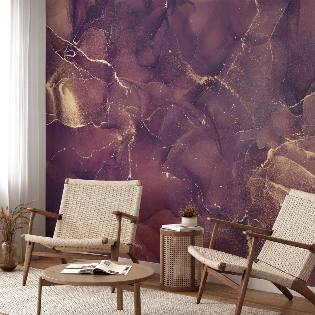 Shades of Purple And Gold Marble Ink Art Wallpaper, Abstract Gold Vein Peel & Stick Wall Mural