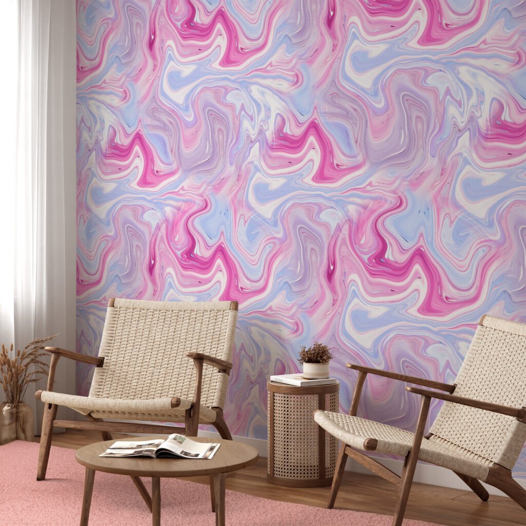 Pink And Lavender Ink Swirls Wallpaper, Swirling Pastel Marble Peel & Stick Wall Mural