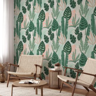 Monstera Leaves Green Abstract Flat Art Illustration Wallpaper, Serene Tropical Foliage Peel & Stick Wall Mural