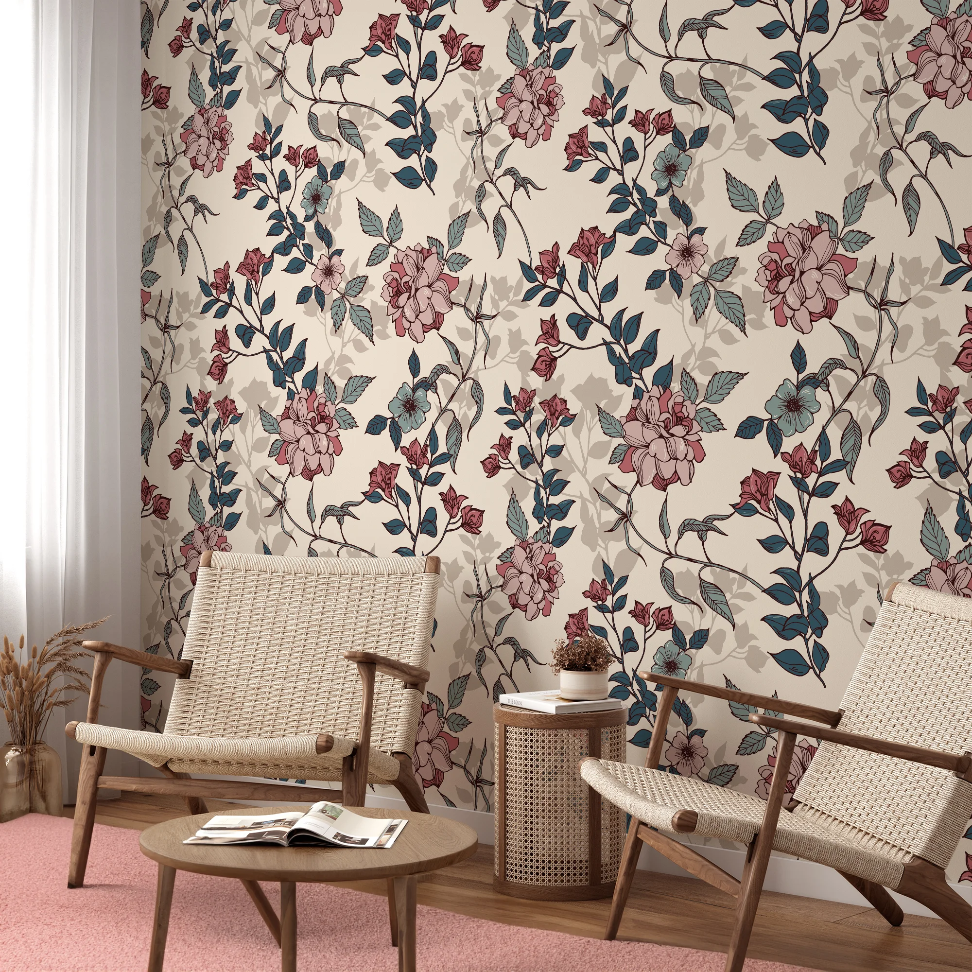 Vintage Flowers Illustration Pattern Wallpaper, Vintage Floral Charm Peel & Stick Wall Mural