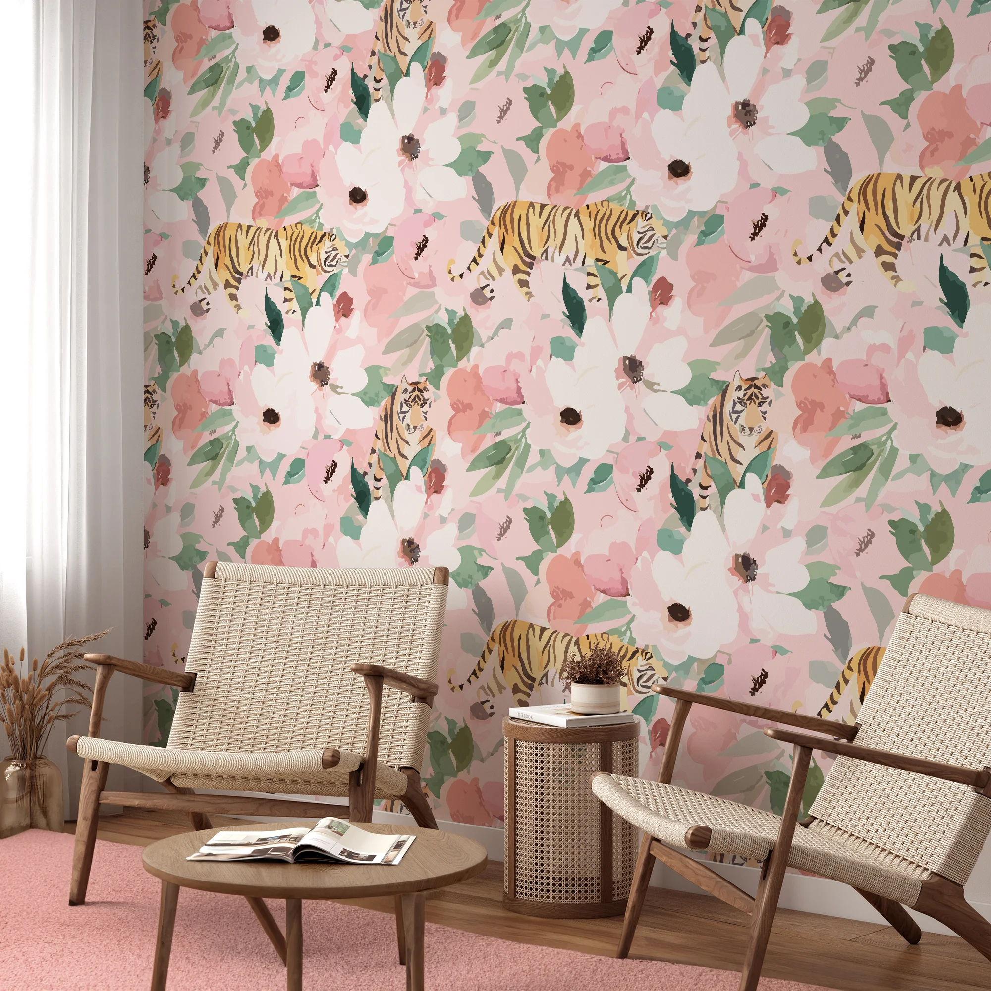 Watercolor Style Flowers With Tigers Wallpaper, Whimsical Pastel Pink Jungle Peel & Stick Wall Mural