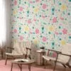 Happy Floral Flat Illustration With Toucans And Flamingos Wallpaper, Cheerful Nursery Deco Peel & Stick Wall Mural
