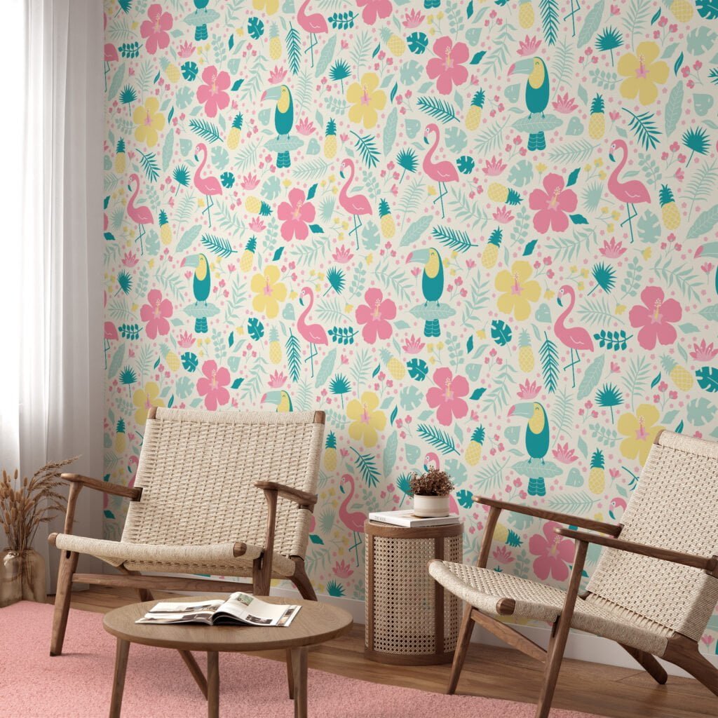 Happy Floral Flat Illustration With Toucans And Flamingos Wallpaper, Cheerful Nursery Deco Peel & Stick Wall Mural