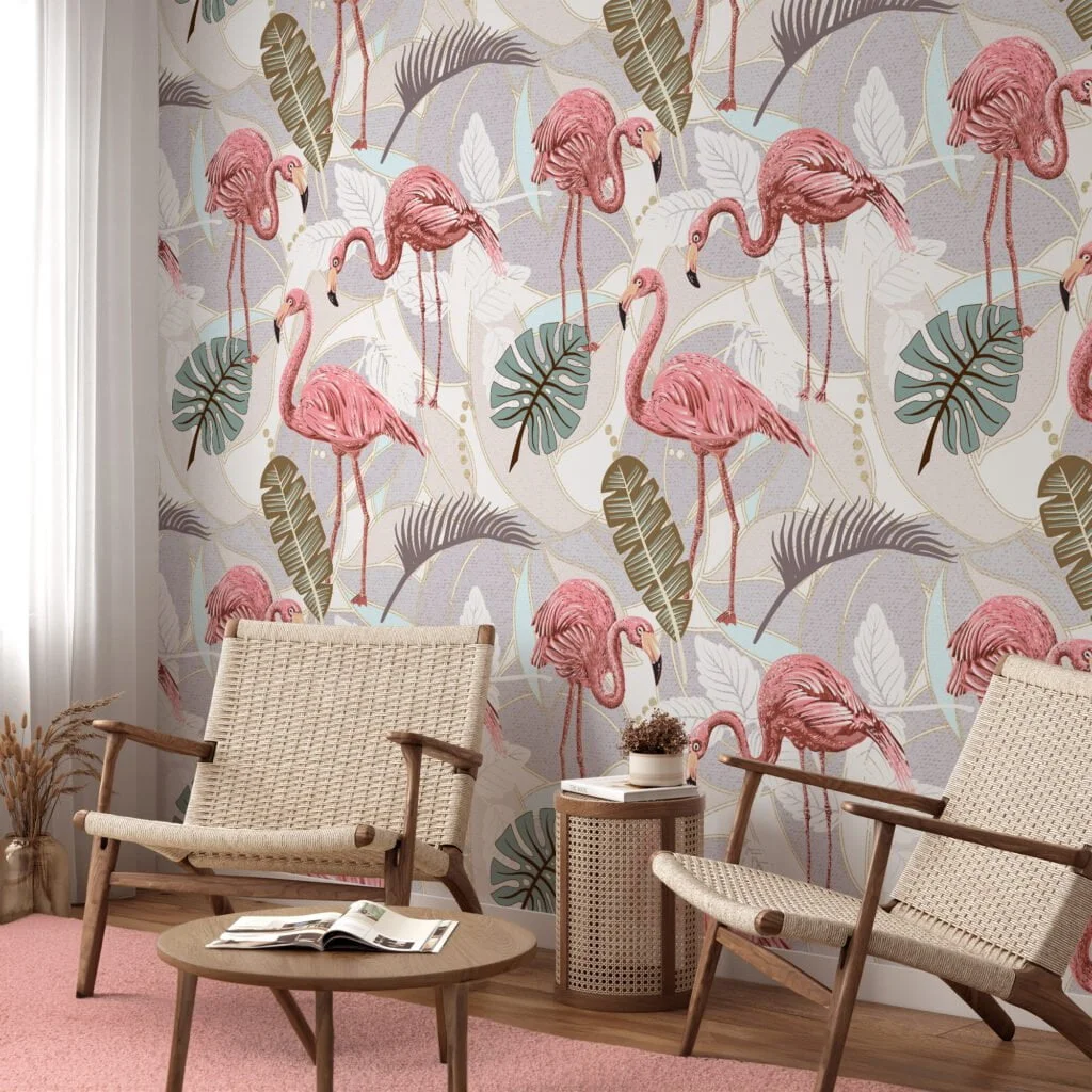 Leaves With Flamingos Illustration Wallpaper, Elegant Pink Flamingo & Palm Leaves Peel & Stick Wall Mural