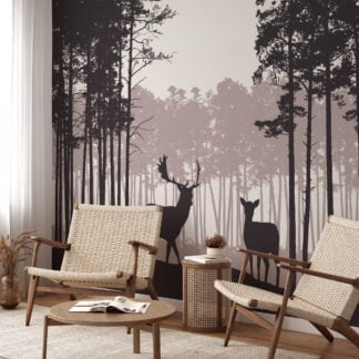 Abstract Nature Wallpaper With Trees and Deers Silhouette, Tranquil Nature Scene Peel & Stick Wall Mural