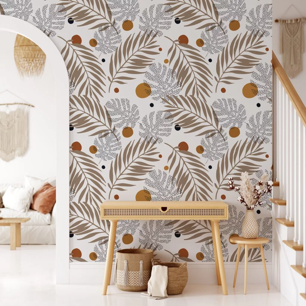 Abstract Earthy Tones Leaves Illustration Wallpaper, Modern Botanical Peel & Stick Wall Mural