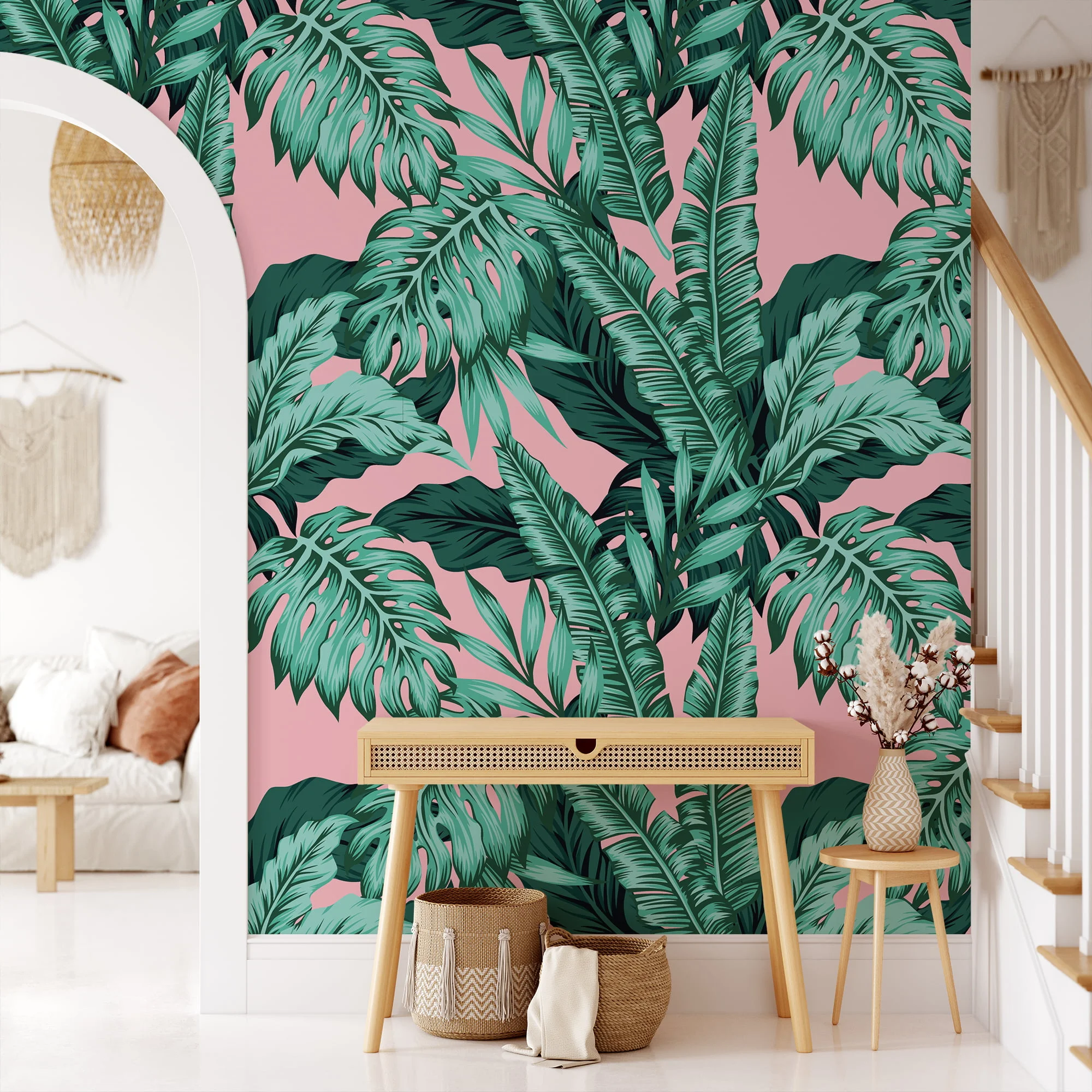 Tropical Leaves With A Pink Background Illustration Wallpaper, Tropical Paradise Peel & Stick Wall Mural