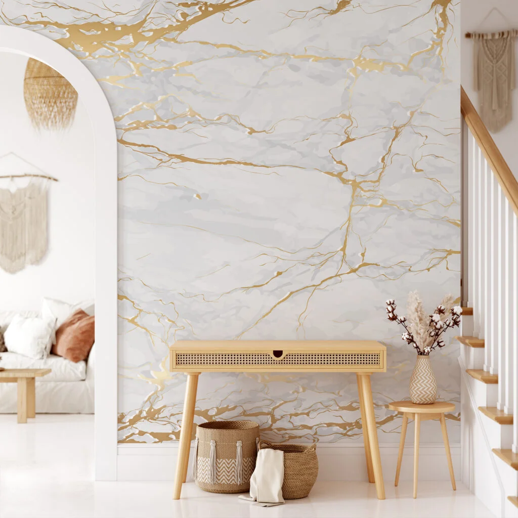 Gold And White Marble Wallpaper, Luxurious Faux Marble Illustration Peel & Stick Wall Mural