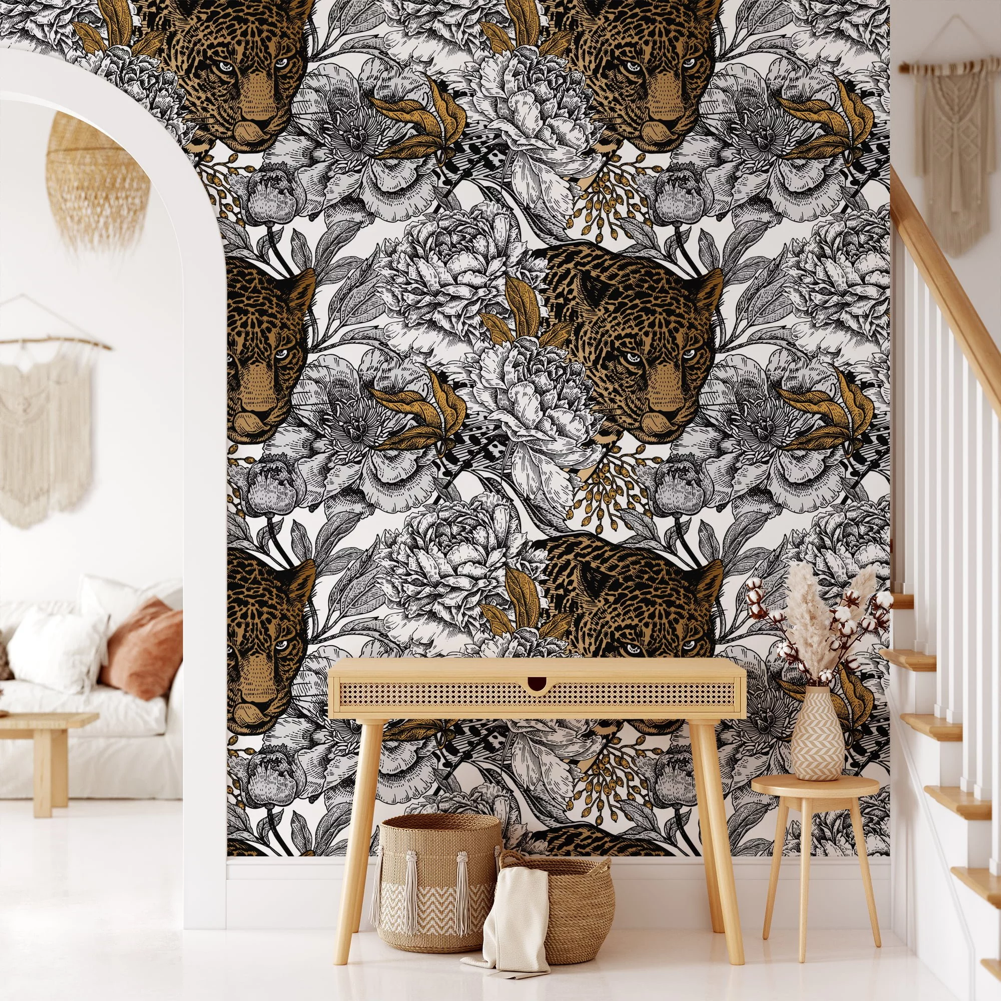 Floral Line Art With A Large Tiger Illustration Wallpaper, Monochrome Leopard & Floral Print Peel & Stick Wall Mural