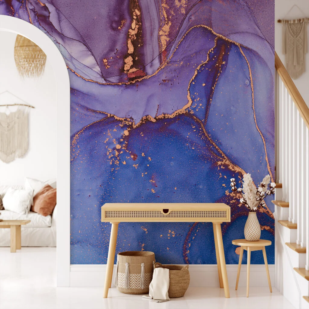 Dark Blue And Purple Alcohol Ink Art Marble Wallpaper, Deep Blue Elegant Peel & Stick Wall Mural