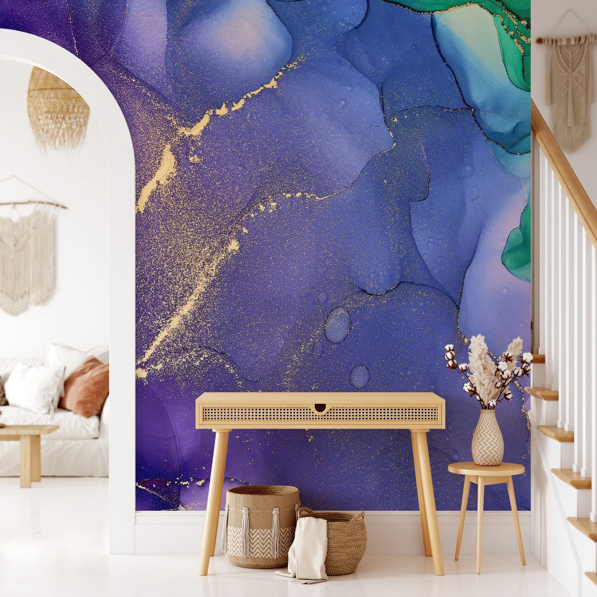 Green And Dark Purple Gold Alcohol Ink Art Marble Wallpaper, Mystic Blue & Emerald Marble Peel & Stick Wall Mural