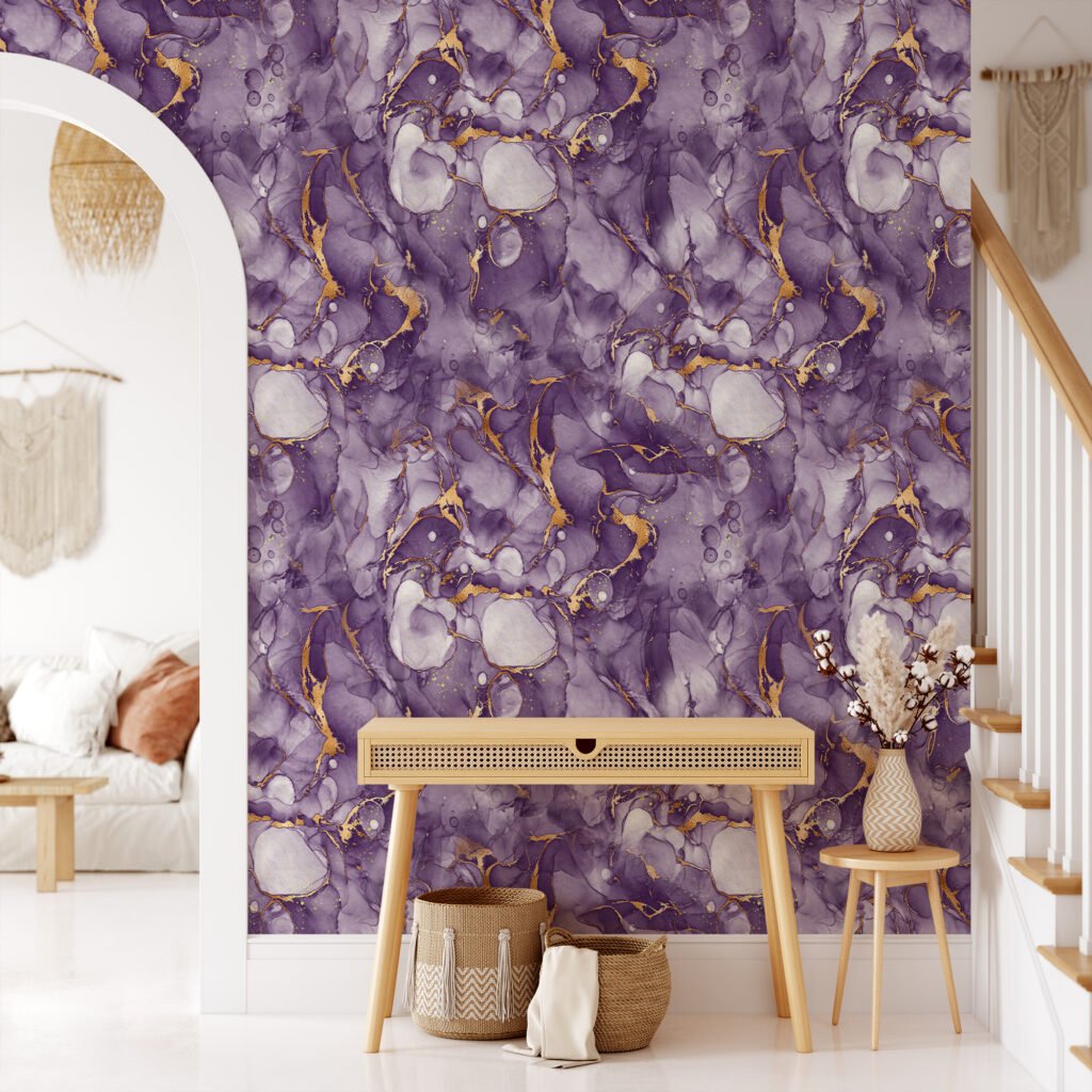 Purple And Gold Alcohol Ink Art Marble Wallpaper, Ethereal Purple Marble Peel & Stick Wall Mural