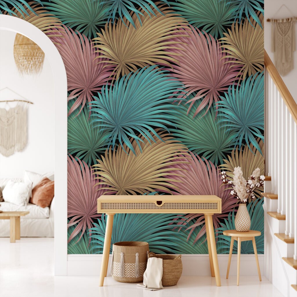 Tropical Pastel Leaves On A Dark Background Wallpaper, Abstract Tropical Leaves Peel & Stick Wall Mural