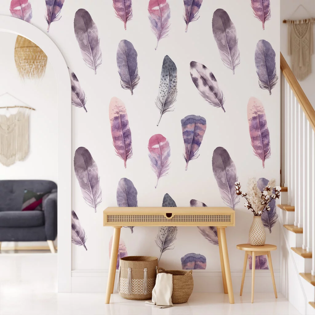 Watercolor Pastel Feathers Pattern Wallpaper, Whispering Soft Feathers Peel & Stick Wall Mural