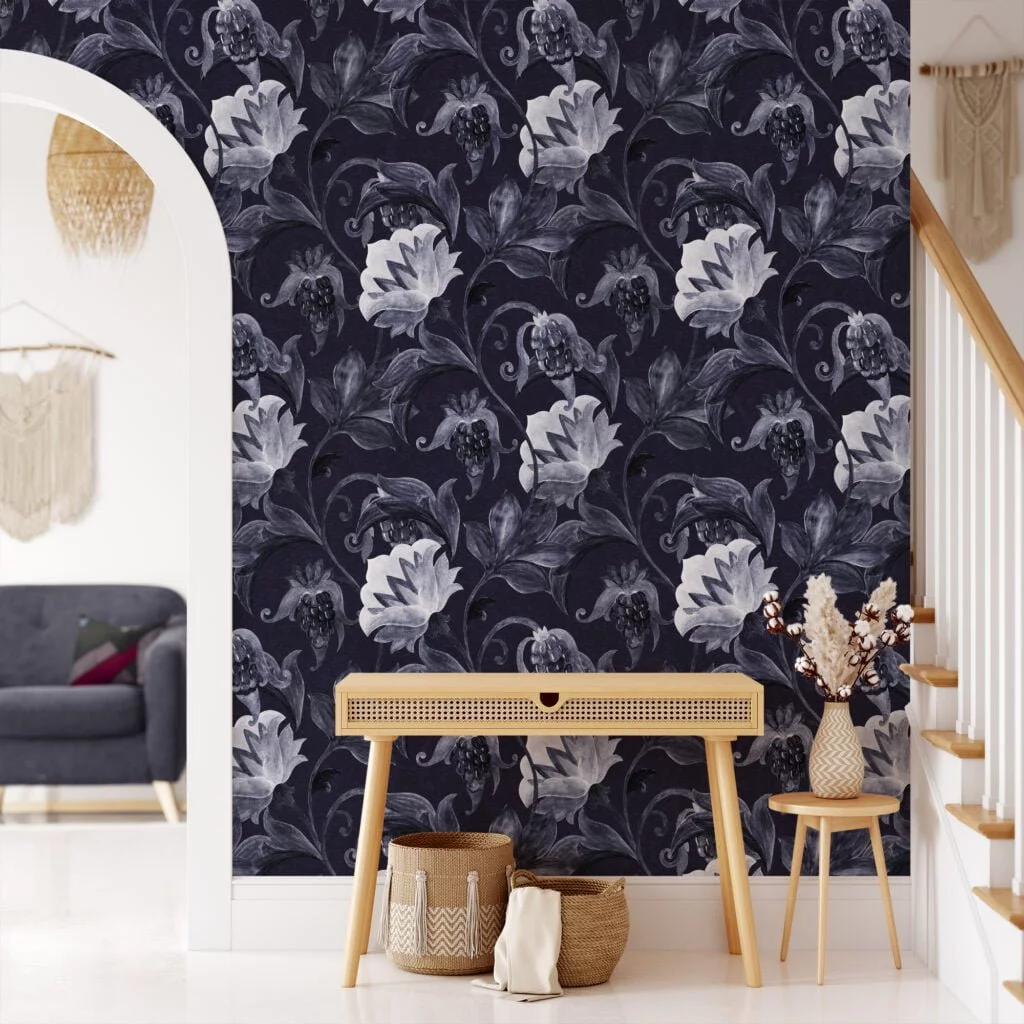 Vintage Goth Floral Drawing Style Illustration Wallpaper, Monochrome Elegance Floral Peel & Stick Wall Mural