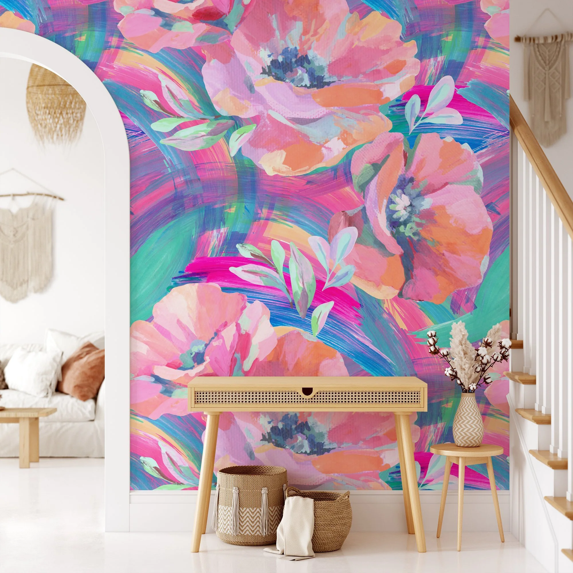 Large Floral Abstract Painted Effect Illustration Wallpaper, Vivid Watercolor Blossoms Peel & Stick Wall Mural