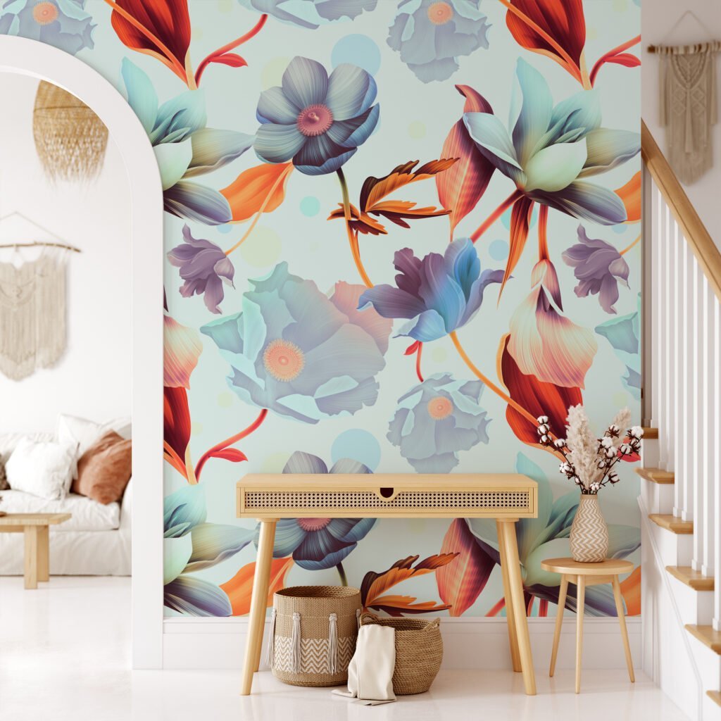 Large Colorful Blooming Flowers Wallpaper, Vibrant Abstract Floral Peel & Stick Wall Mural